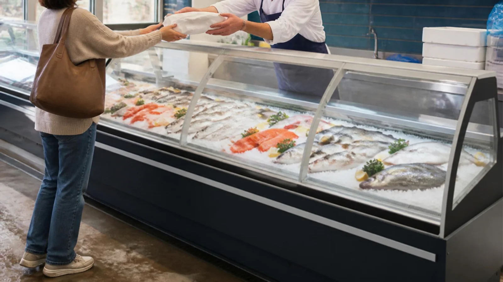 Poissonnier servant un client à un comptoir à poisson