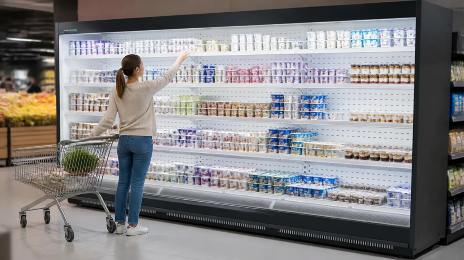 Cliente devant un meuble mural réfrigéré en supermarché