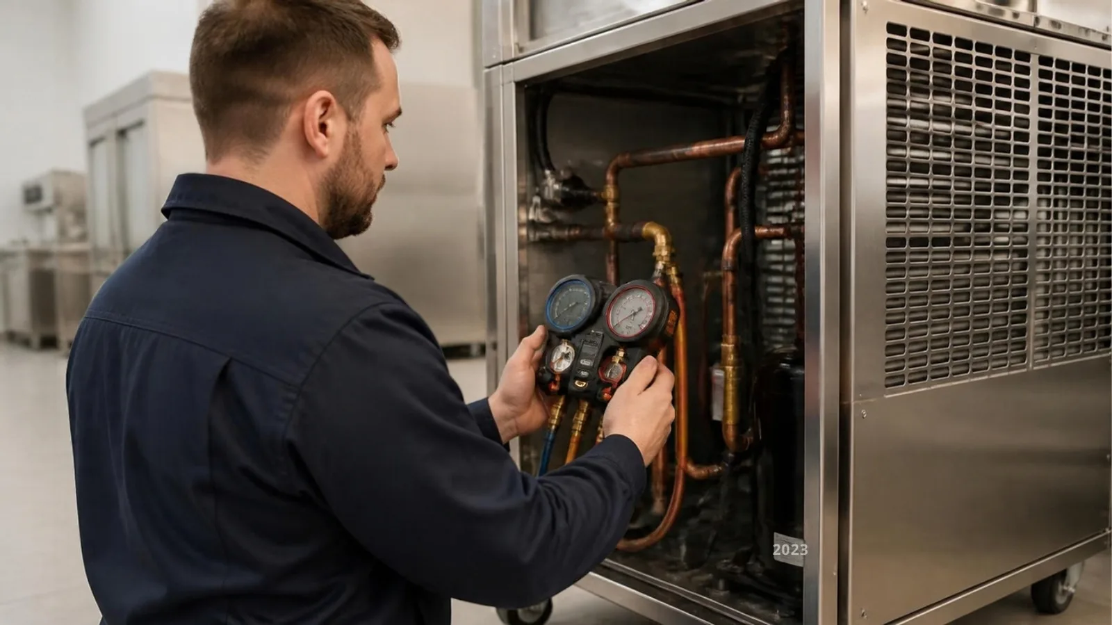 Frigoriste relevant des mesures avec un manifold derrière un groupe frigorifique en inox