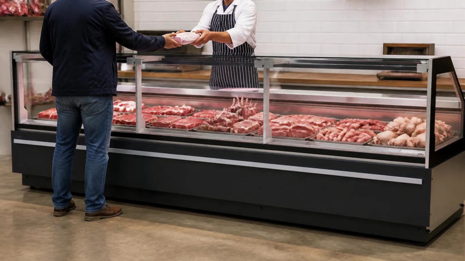 Boucher servant un client à une vitrine de service