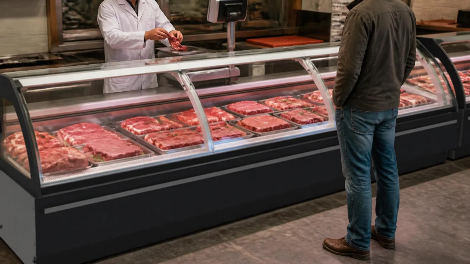 Boucher pesant de la viande à une vitrine de service
