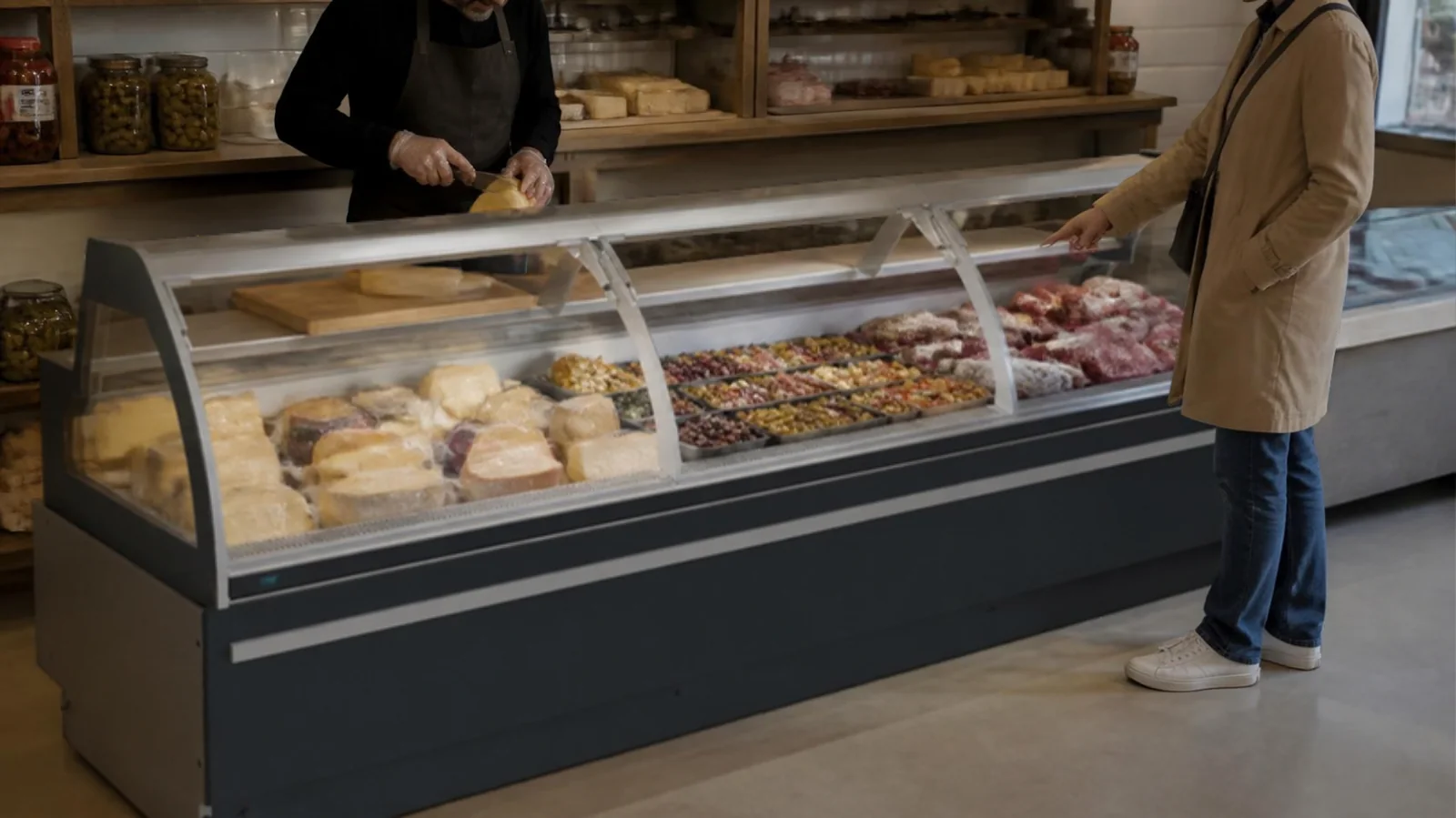 Commerçant tranchant du fromage à un comptoir charcuterie