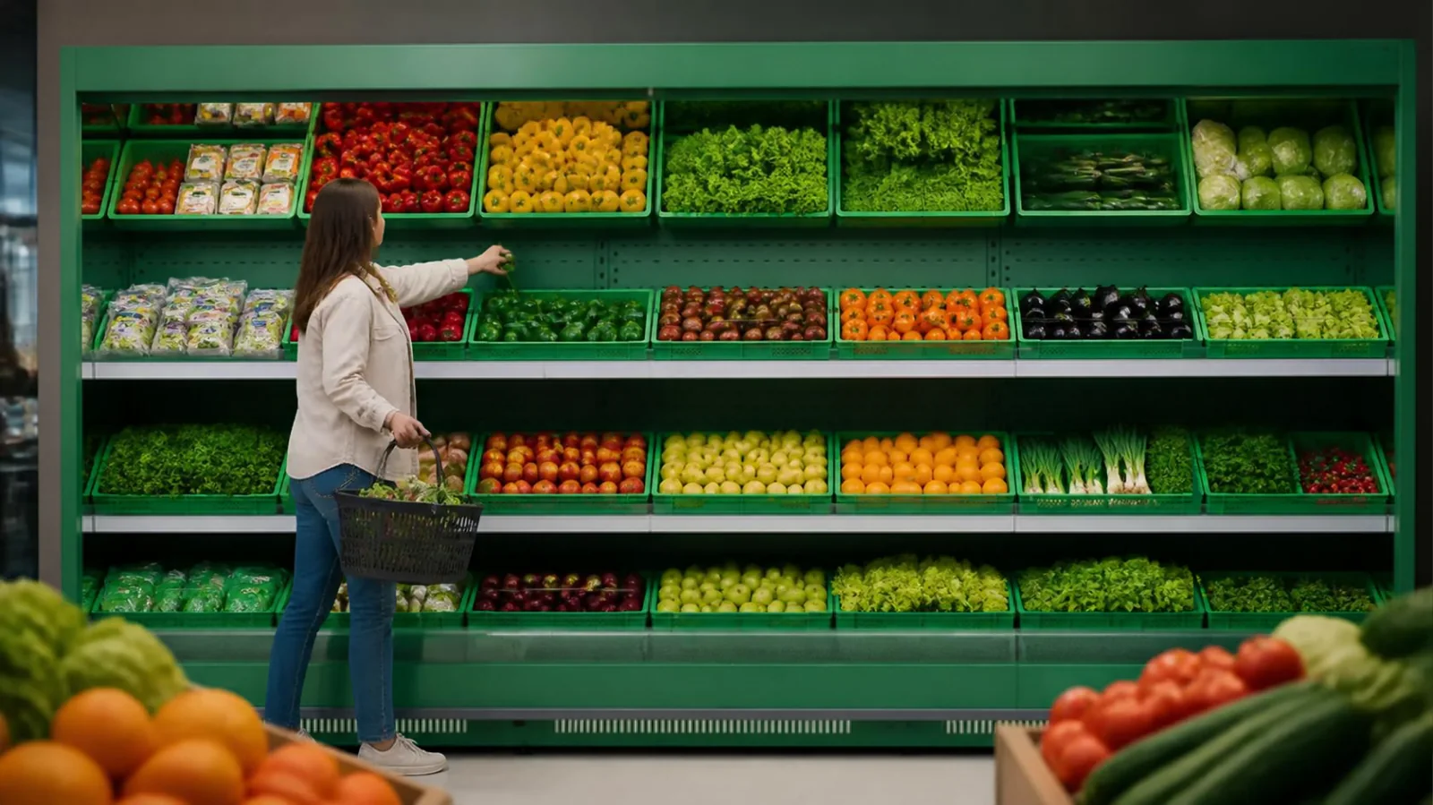 Cliente choisissant des légumes devant un présentoir de primeur