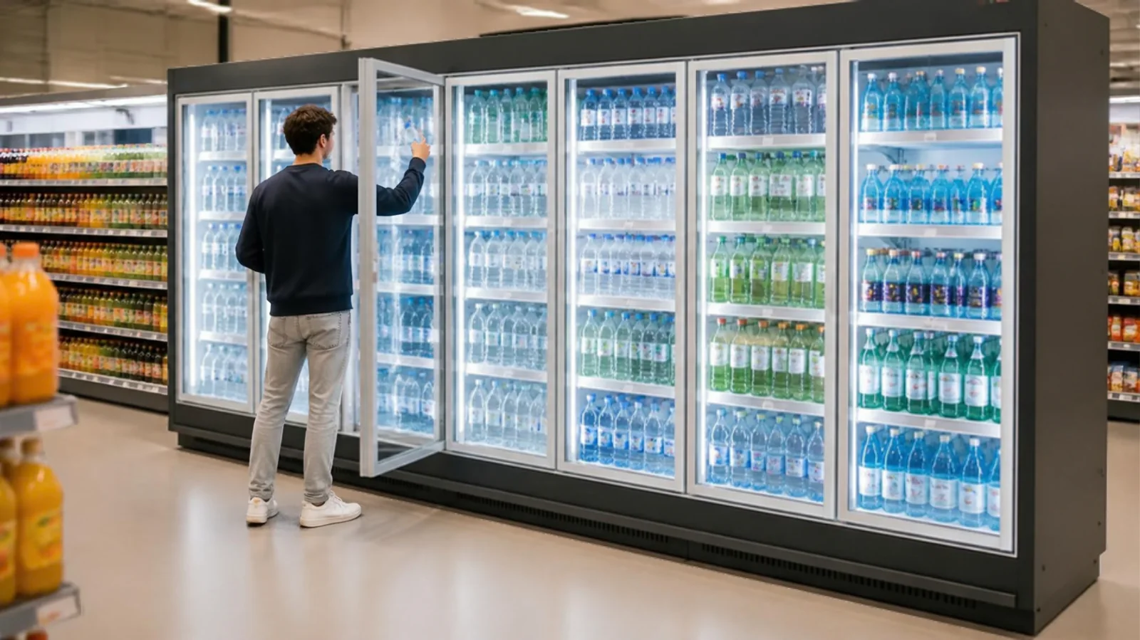 Client prenant une bouteille dans un refroidisseur à porte vitrée
