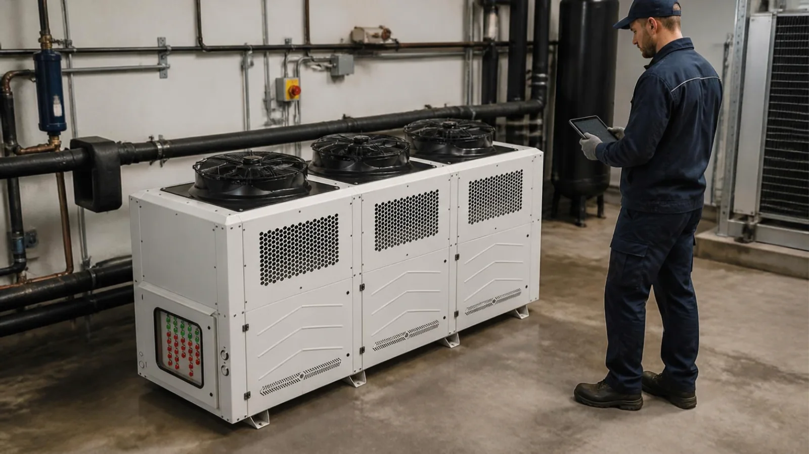 Technicien contrôlant un groupe frigorifique