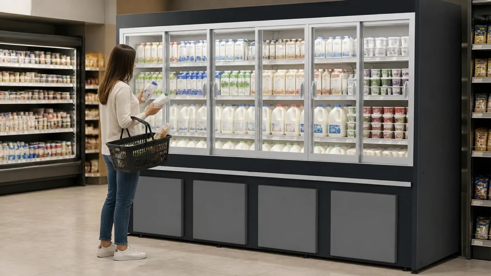 Cliente choisissant du lait devant un meuble produits laitiers