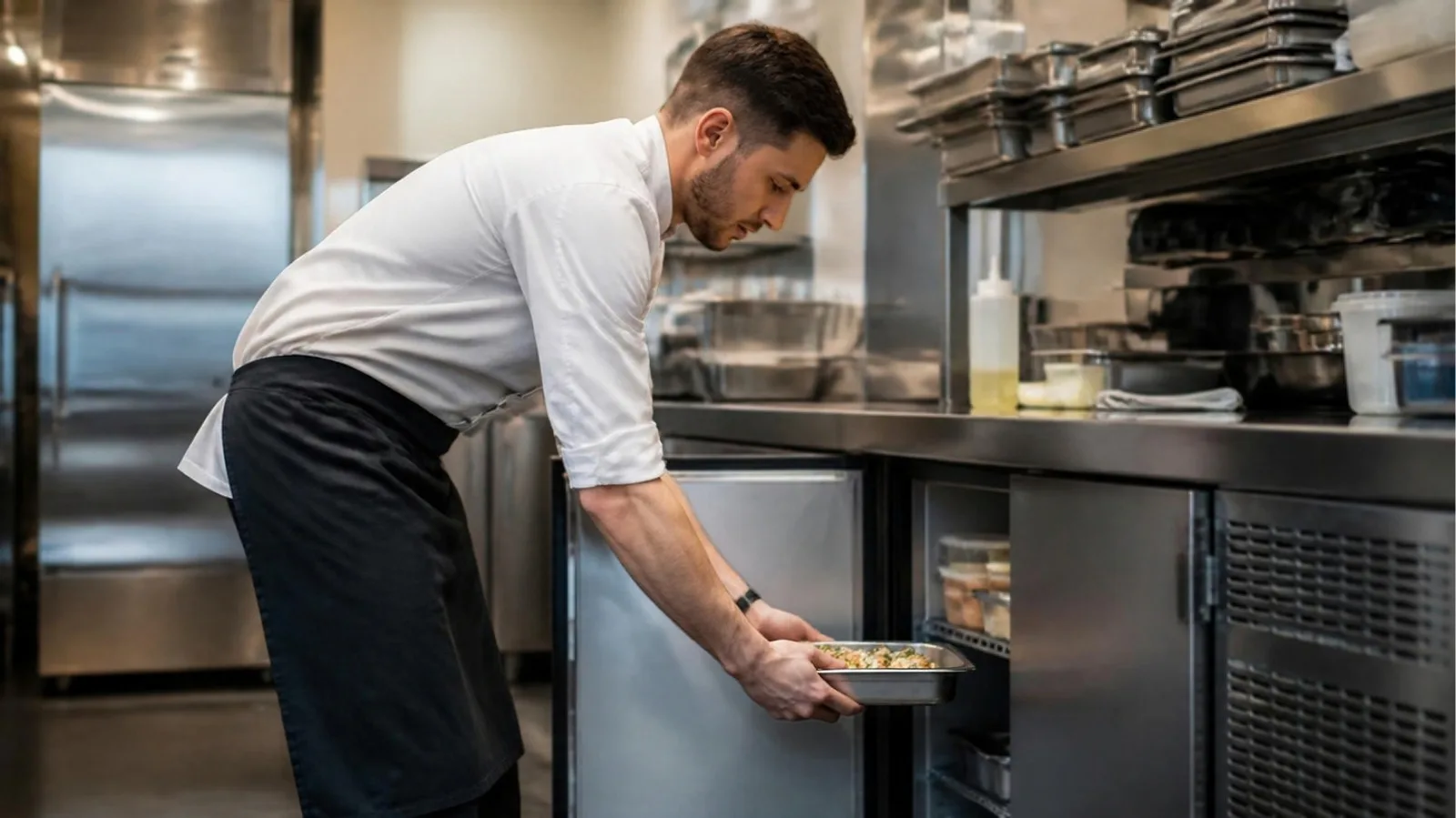 Cuisinier déposant un plateau préparé dans un tour réfrigéré en inox dans une cuisine d’hôtel