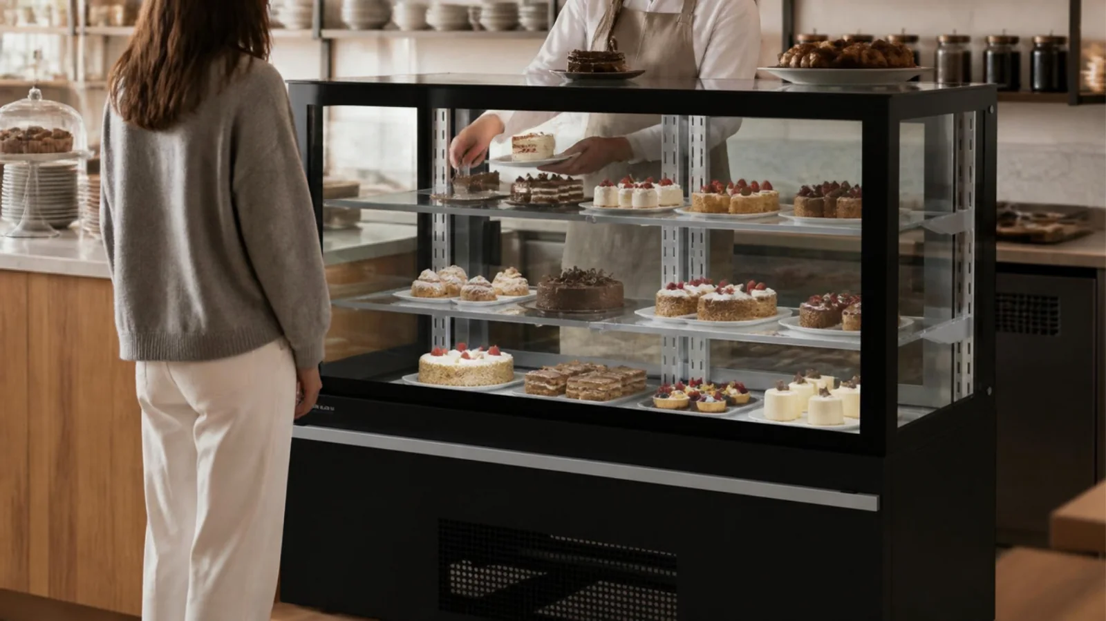Vendeuse servant une pâtisserie depuis une vitrine