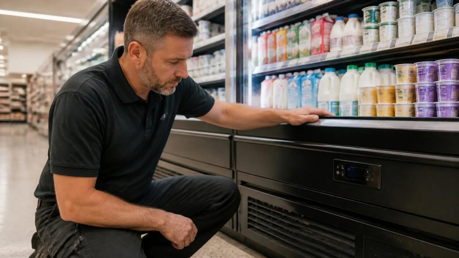 Technicien vérifiant l’affichage de température d’un meuble réfrigéré
