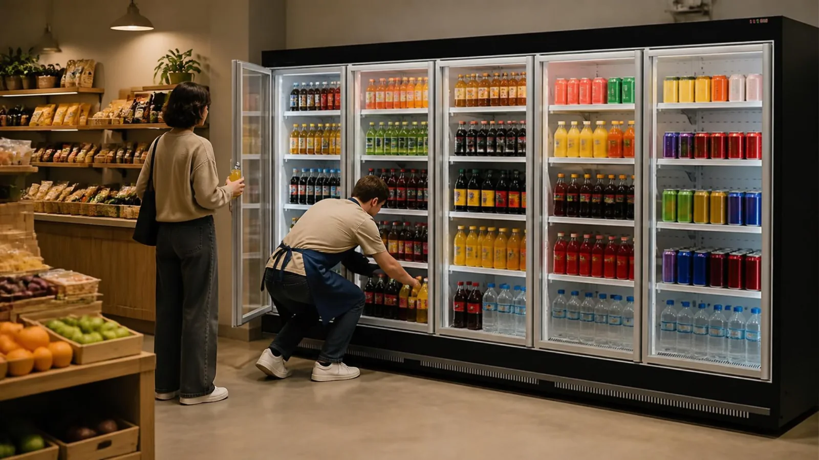 Commerçant réapprovisionnant un refroidisseur de bouteilles pendant qu’un client attend