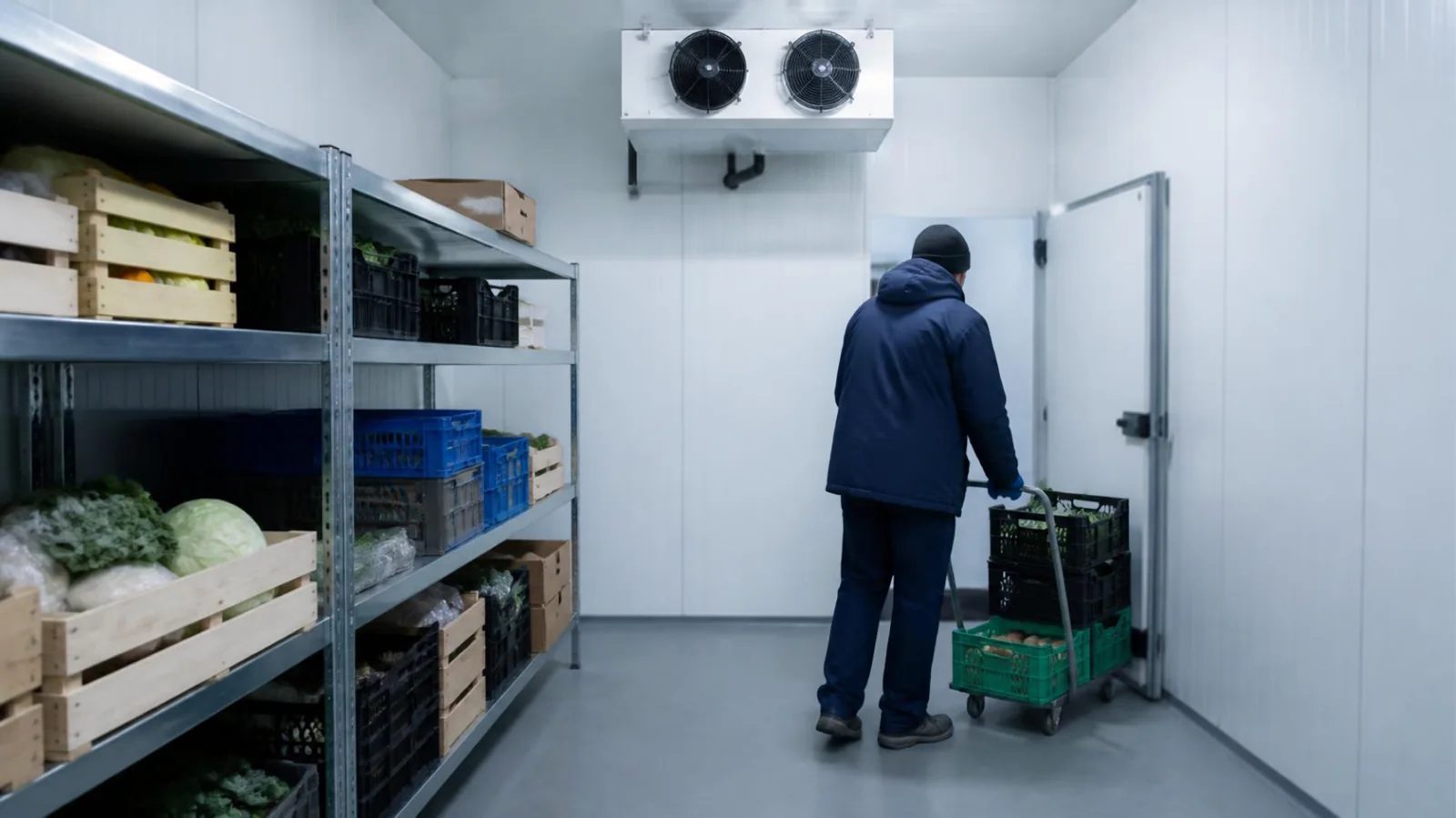 Magasinier déplaçant des caisses dans une chambre de stockage frigorifique