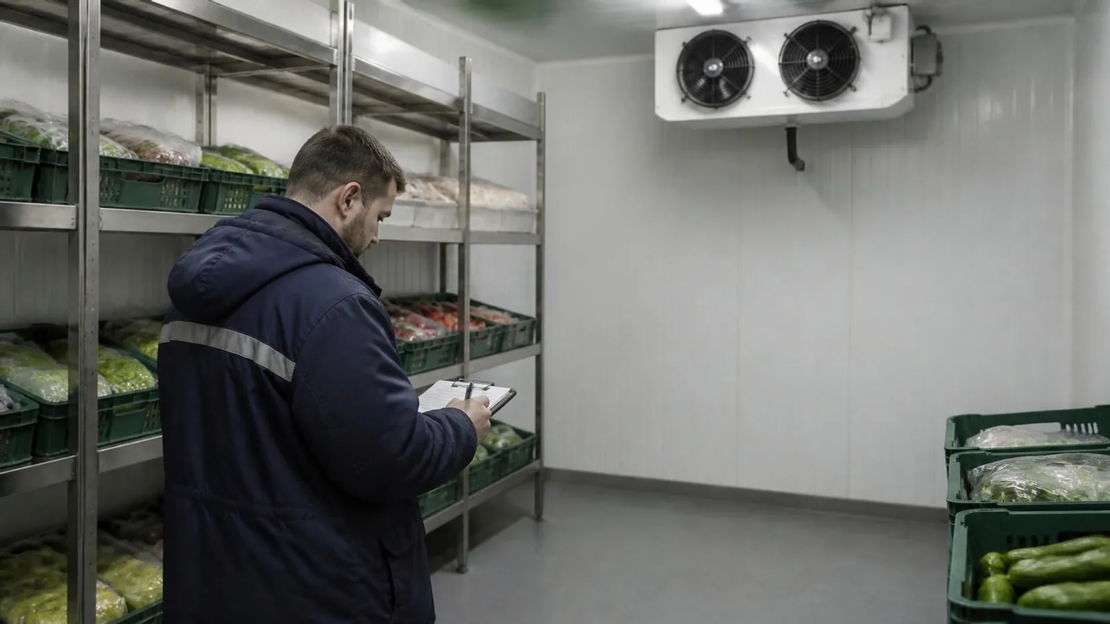 Magasinier vérifiant le relevé de température dans une chambre de stockage frigorifique