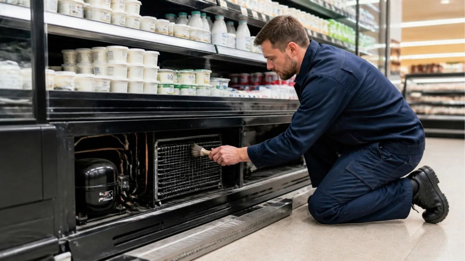 Technicien ouvrant la trappe de service basse d’un meuble vertical de supermarché pour nettoyer le condenseur