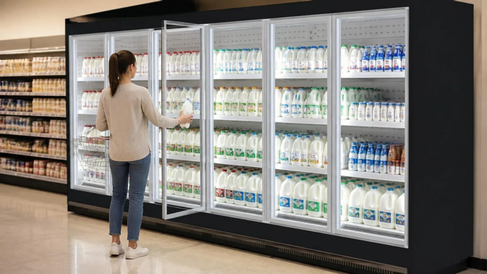 Cliente prenant du lait dans un meuble à porte vitrée
