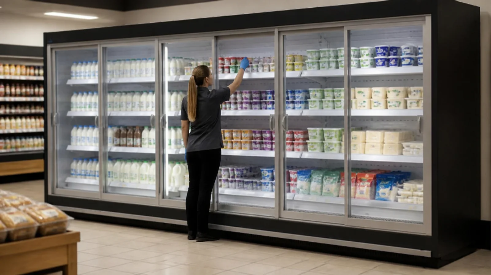 Employé réapprovisionnant un meuble produits laitiers à porte coulissante