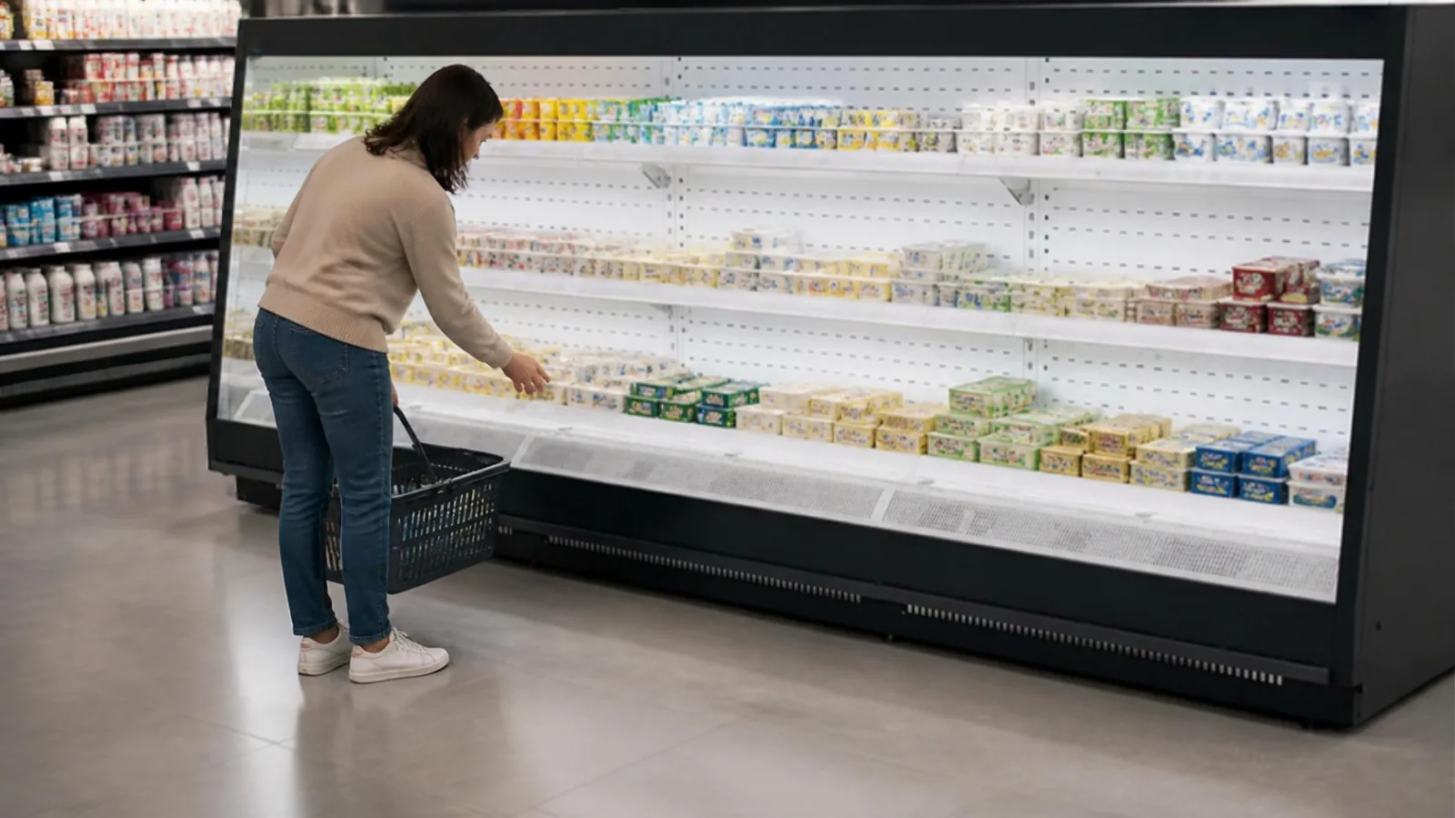 Cliente prenant un paquet dans un meuble produits laitiers semi-vertical