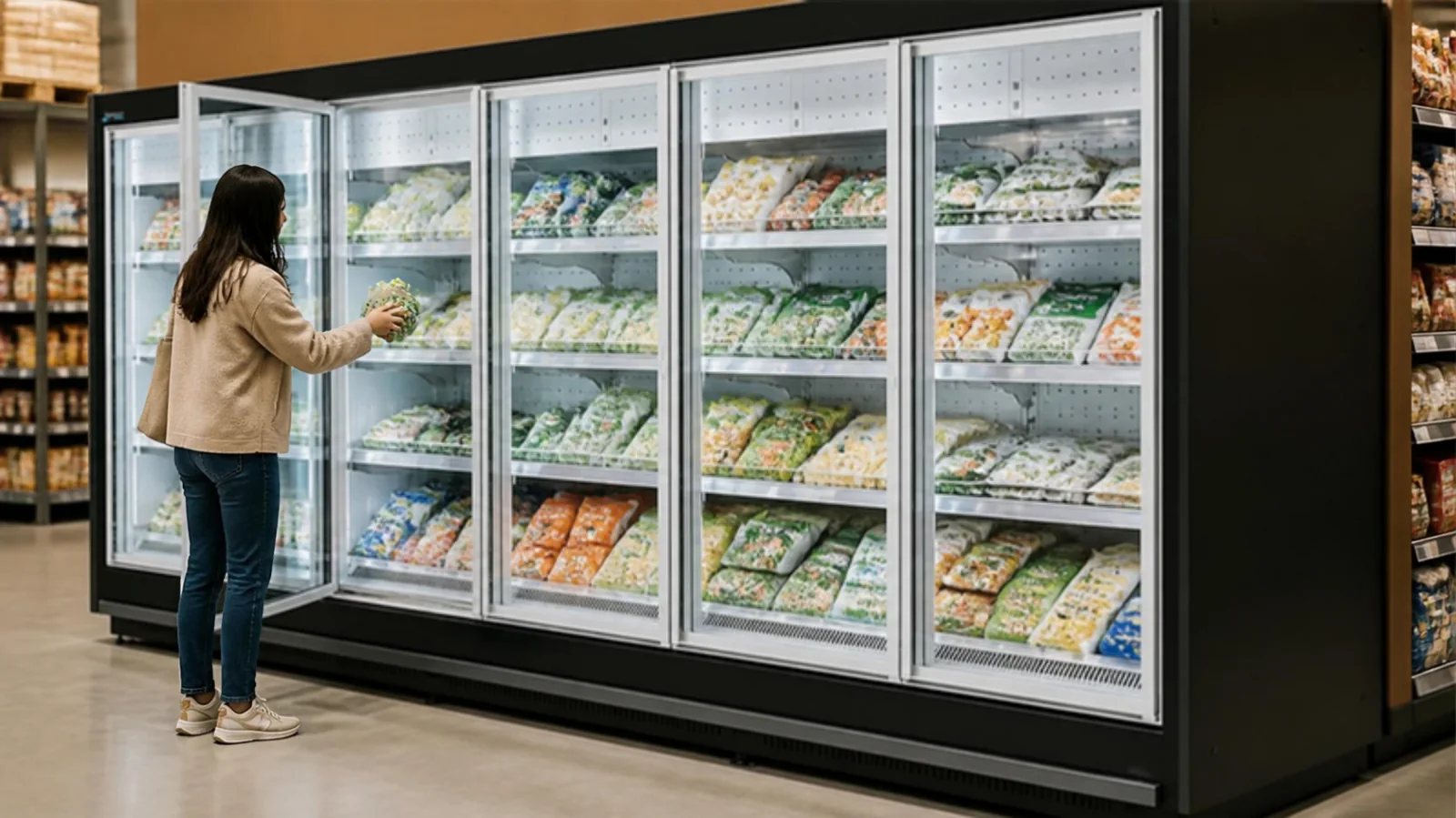 Client ouvrant une porte de congélateur en supermarché